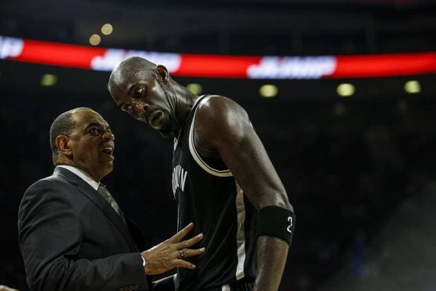 Nov. 1, 2014 - Auburn Hills, Michigan, USA - Brooklyn Nets head coach Lionel Hollins chats with Kevin Garnett at a time out, during the second half of an away game against Detroit Pistons, Saturday, November 1, 2014, at the Palace of Auburn Hills, in Auburn Hills, Mich. Detroit lost 102-90. BKN-BROOKLYN-NETS-V-DETROIT-PISTONS  - ZUMAn230