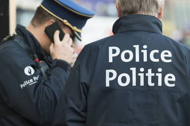 Anderlecht , Belgium November , 01 2014 Football Jupiler Pro League 2014 2015 Constant Vanden Stock Stadium RSC Anderlecht Sporting Lokeren On this picture : Police Secutity Fan Football Belgian Police Federal Police MichelxGouverneur 