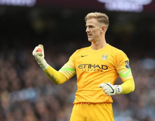 Manchester City s Joe Hart celebrates at the final whistle - Barclays Premier League - Manchester City vs Manchester Utd - Etihad Stadium - Manchester - England - 2nd November 2014 - Picture David Klein Sportimage EDITORIAL USE ONLY. No use with unauthorised audio, video, data, fixture lists, club league logos or live services. Online in-match use limited to 120 images, no video emulation. No use in betting, games or single club league player publications.