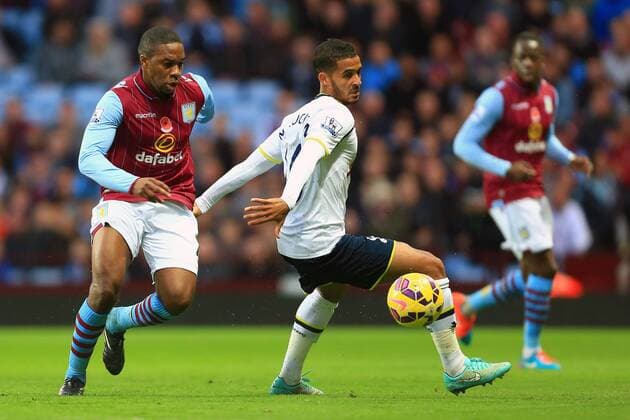 Charles NâÄ?Zogbia of Aston Villa takes the ball past Tottenham s Kyle Naughton - Aston Villa vs. Tottenham Hotspurs - Barclay s Premier League - Villa Park - Birmingham - 02 11 2014 Pic Philip Oldham Sportimage EDITORIAL USE ONLY. No use with unauthorised audio, video, data, fixture lists, club league logos or live services. Online in-match use limited to 120 images, no video emulation. No use in betting, games or single club league player publications.