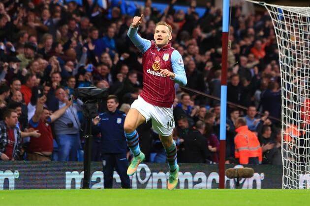 Andreas Weimann of Aston Villa celebrates scoring the opening goal - Aston Villa vs. Tottenham Hotspurs - Barclay s Premier League - Villa Park - Birmingham - 02 11 2014 Pic Philip Oldham Sportimage EDITORIAL USE ONLY. No use with unauthorised audio, video, data, fixture lists, club league logos or live services. Online in-match use limited to 120 images, no video emulation. No use in betting, games or single club league player publications.