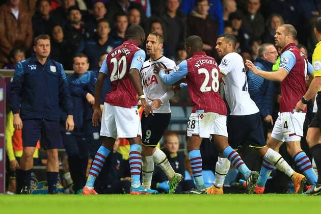 Christian Benteke of Aston Villa and TottenhamâÄ?s Roberto Soldado square up - Aston Villa vs. Tottenham Hotspurs - Barclay s Premier League - Villa Park - Birmingham - 02 11 2014 Pic Philip Oldham Sportimage EDITORIAL USE ONLY. No use with unauthorised audio, video, data, fixture lists, club league logos or live services. Online in-match use limited to 120 images, no video emulation. No use in betting, games or single club league player publications.