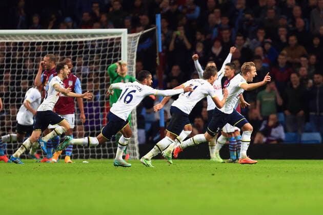 Tottenham s Harry Kane celebrates scoring his sides second goal - Aston Villa vs. Tottenham Hotspurs - Barclay s Premier League - Villa Park - Birmingham - 02 11 2014 Pic Philip Oldham Sportimage EDITORIAL USE ONLY. No use with unauthorised audio, video, data, fixture lists, club league logos or live services. Online in-match use limited to 120 images, no video emulation. No use in betting, games or single club league player publications.