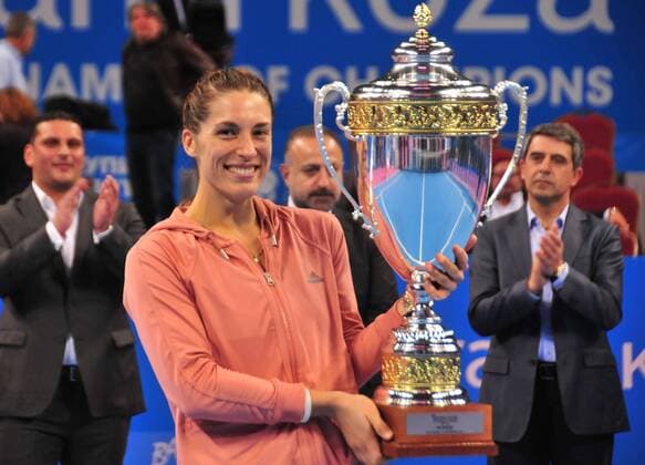 (141103) -- SOFIA, Nov. 2, 2014 -- Andrea Petkovic of Germany poses with the trophy during the awarding ceremony after the women s singles final match at the 2014 WTA Tennis Damen tournament of champions in Sofia, Bulgaria, on Nov. 2, 2014. WangxXinran 