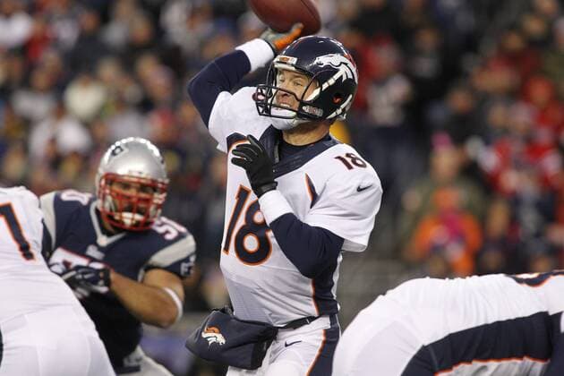 Denver Broncos quarterback Peyton Manning (18) throws a pass in the first quarter against the New England Patriots at Gillette Stadium in Foxboro, Massachusetts on November 2, 2014.  BOS2014110203