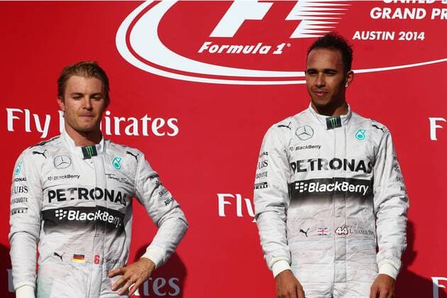 02.11.2014 - Race, 2nd position Nico Rosberg (GER) Mercedes AMG F1 W05 and Lewis Hamilton (GBR) Mercedes AMG F1 W05 race winner United States Grand Prix, Austin 30 October - 2 November 2014 