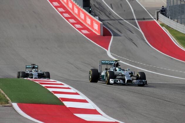 02.11.2014 - Race, Nico Rosberg (GER) Mercedes AMG F1 W05 leads Lewis Hamilton (GBR) Mercedes AMG F1 W05 United States Grand Prix, Austin 30 October - 2 November 2014 
