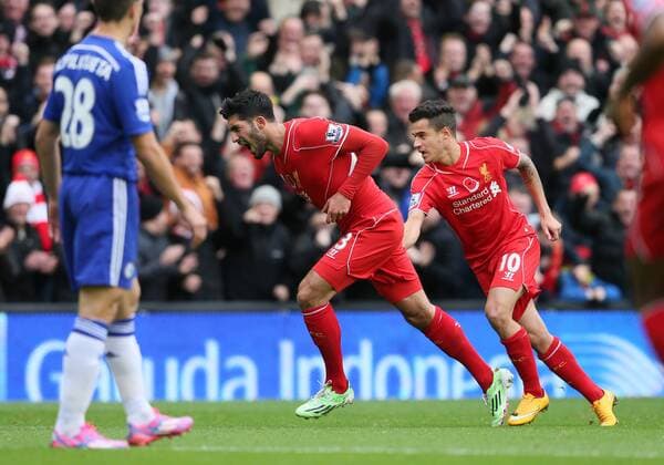 Emre Can of Liverpool celebrates his goal with Philippe Coutinho of Liverpool - Barclays Premier League - Liverpool vs Chelsea - Anfield Stadium - Liverpool - England - 8th November 2014 - Picture Simon Bellis Sportimage EDITORIAL USE ONLY. No use with unauthorised audio, video, data, fixture lists, club league logos or live services. Online in-match use limited to 120 images, no video emulation. No use in betting, games or single club league player publications.