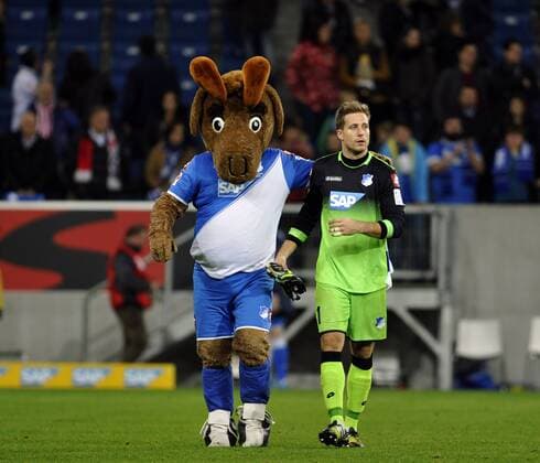 Deutschland - Fussball-Bundesliga - Saison 2014 15 Sinsheim - Rhein-Neckar-Arena - 8.11.2014 TSG 1899 Hoffenheim (1899) - 1. FC Köln (K) 3:4 Trost von Maskottchen Hoffi für Torwart Oliver Baumann (1899) Sport