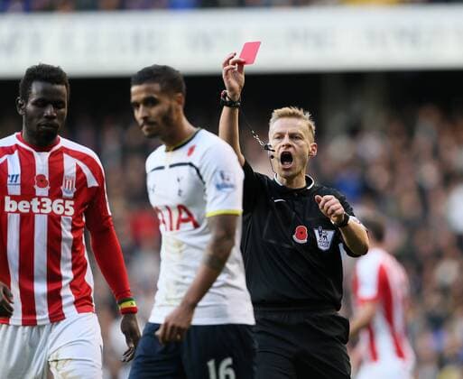 Tottenham s Kyle Naughton gets sent off - Barclays Premier League - Tottenham Hotspur vs Stoke City- White Hart Lane - London - England - 9th November 2014 - Picture David Klein Sportimage EDITORIAL USE ONLY. No use with unauthorised audio, video, data, fixture lists, club league logos or live services. Online in-match use limited to 120 images, no video emulation. No use in betting, games or single club league player publications.