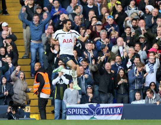 Tottenham s Nacer Chadli celebrates scoring his goal - Barclays Premier League - Tottenham Hotspur vs Stoke City- White Hart Lane - London - England - 9th November 2014 - Picture David Klein Sportimage EDITORIAL USE ONLY. No use with unauthorised audio, video, data, fixture lists, club league logos or live services. Online in-match use limited to 120 images, no video emulation. No use in betting, games or single club league player publications.
