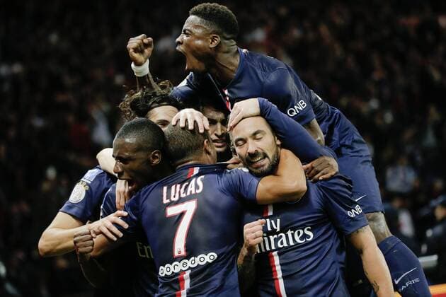 David Luiz Moreira Marinho (psg), Lucas Rodrigues Moura da Silva (psg), Javier Matias Pastore (psg), Serge Aurier (psg), Edinson Roberto Paulo Cavani Gomez (psg) (El Matador) (El Botija) (Florestan), Blaise Matuidi (psg) FOOTBALL : PSG vs Marseille - Ligue 1 - 09 11 2014 StephaneAllaman Panoramic 