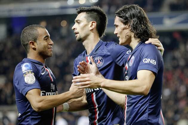 Edinson Roberto Paulo Cavani Gomez (psg) (El Matador) (El Botija) (Florestan), Lucas Rodrigues Moura da Silva (psg), Javier Matias Pastore (psg) FOOTBALL : PSG vs Marseille - Ligue 1 - 09 11 2014 StephaneAllaman Panoramic 