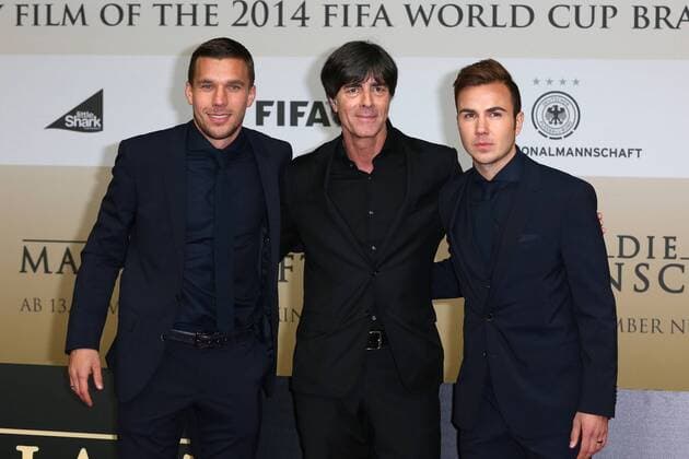 Lukas Podolski, Joachim Löw und Mario Götze bei der Die Mannschaft Kino Premiere am 10.11.2014 in Berlin Die Mannschaft Kino Premiere in Berlin, 2014 