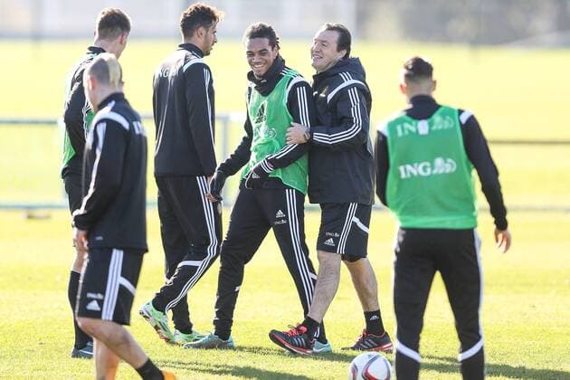 - BRUSSELS, BELGIUM: Belgium s Jason Denayer and Belgium s head coach Marc Wilmots pictured during a training session of Belgian national soccer team Red Devils, Thursday 13 November 2014. BRUNOxFAHY  premiumd 35484