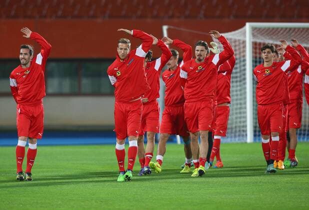 SOCCER - UEFA EURO 2016 quali, AUT vs RUS, preview VIENNA,AUSTRIA,13.NOV.14 - SOCCER - UEFA European Championship 2016, European Qualifiers, OEFB international match, Austria vs Russia, preview, training of team AUT. Image shows Christian Fuchs, Marc Janko, Sebastian Proedl and Aleksandar Dragovic (AUT).
