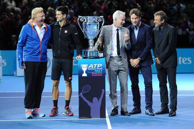 Novak Djokovic (Ser) number 1 with Boris Becker, John McEnroe, Carlos Moya and Mats Wilander TENNIS : ATP Tennis Herren World Tour Finals 2014 - 11 11 2014 - 16 11 2014 TennisMagazinexPanoramic 