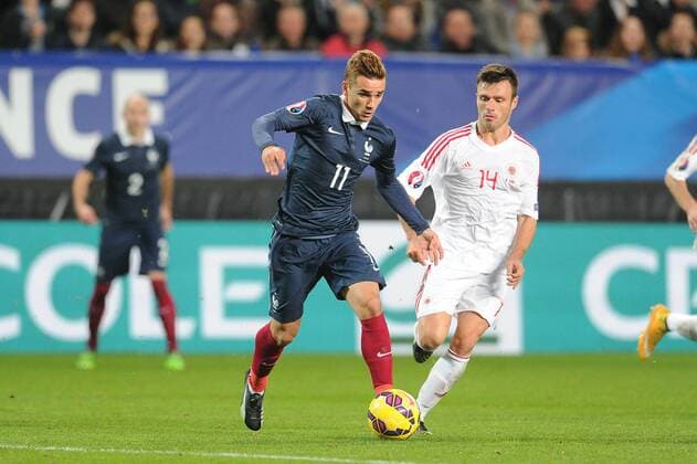 Antoine Griezmann (France) Ledian Memushaj (Albanie) FOOTBALL : France vs Albanie - Match amical - 14 11 2014 N.LeGouic FEP Panoramic 