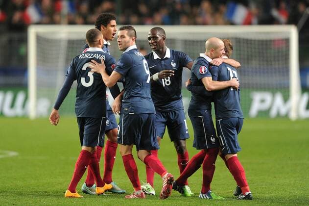 joie Antoine Griezmann apres son but - Andre Pierre Gignac - Layvin Kurzawa - Christophe Jallet - Moussa Sissoko (France) FOOTBALL : France vs Albanie - Match amical - 14 11 2014 N.LeGouic FEP Panoramic 