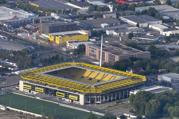 Fußball, Stadiongeschichte Alemannia Aachen Germany, Aachen, aerial view of the city with stadium  HL000644