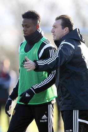 - BRUSSELS, BELGIUM: Belgium s Divock Origi and Belgium s head coach Marc Wilmots pictured during a training session of Belgian national soccer team Red Devils, Saturday 15 November 2014, in Neerpede, Brussels. Belgium will play its third game of the Euro 2016 qualification against Wales on Sunday. BRUNOxFAHY  xpremiumd kur20240127x