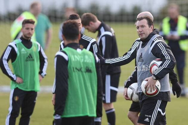 - BRUSSELS, BELGIUM: Belgium s head coach Marc Wilmots (R) pictured during a training session of Belgian national soccer team Red Devils, Saturday 15 November 2014, in Neerpede, Brussels. Belgium will play its third game of the Euro 2016 qualification against Wales on Sunday. BRUNOxFAHY  xpremiumd kur20240132x
