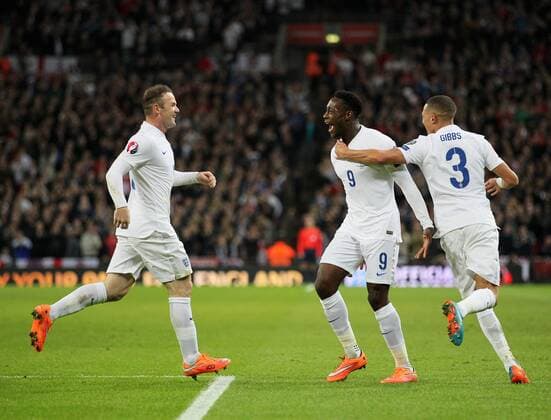 England s Danny Welbeck celebrates scoring his sides second goal - International European Qualifier - England vs Slovenia- Wembley Stadium - London - England - 15th November 2014 - Picture David Klein Sportimage EDITORIAL USE ONLY. No use with unauthorised audio, video, data, fixture lists, club league logos or live services. Online in-match use limited to 120 images, no video emulation. No use in betting, games or single club league player publications.