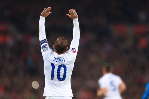 Wayne Rooney of England celebrates scoring the equalising goal - England vs. Slovenia - UEFA Euro 2016 Qualifying - Wembley Stadium - London - 15 11 2014 Pic Philip Oldham Sportimage EDITORIAL USE ONLY. No use with unauthorised audio, video, data, fixture lists, club league logos or live services. Online in-match use limited to 120 images, no video emulation. No use in betting, games or single club league player publications.