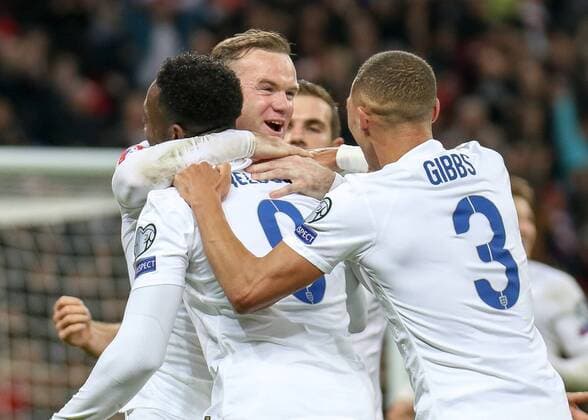 Football - 2014 2015 European Qualifier - Group E: England vs. Slovenia, England s Wayne Rooney celebrates scoring at Wembley Stadium Colorsport Daniel Bearham  ENG_SLO