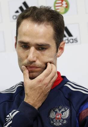 BUDAPEST, NOVEMBER 17, 2014. Midfielder Roman Shirokov of the Russian national football team looks on at a press conference  RE1550F0