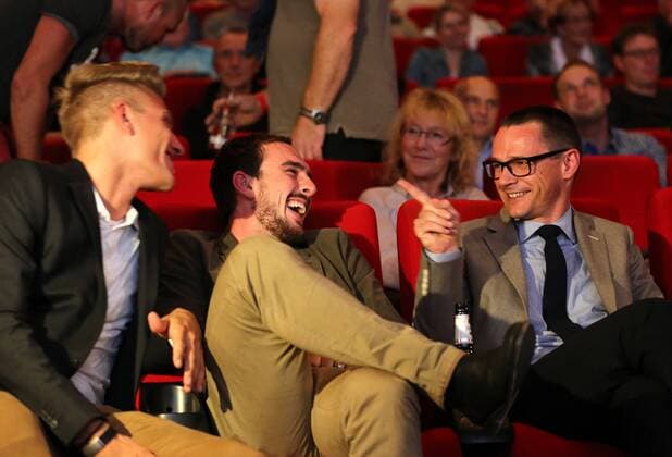 Kinopremiere Nieuwe Helden 17.11.14 , Erfurt, Cinestar, Deutsche Kinopremiere von Nieuwe Helden mit Tony Martin, Marcel Kittel und John Degenkolb im Bild: Marcel Kittel , John Kittel und Jörg Werner (TeamSpirit)