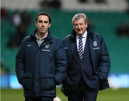 England s Gary Neville and Roy Hodgson look on - International Friendly - Scotland vs England- Celtic Park - Glasgow - Scotland - 18th November 2014 - Picture DavidKlein Sportimage EDITORIAL USE ONLY. No use with unauthorised audio, video, data, fixture lists, club league logos or live services. Online in-match use limited to 120 images, no video emulation. No use in betting, games or single club league player publications.