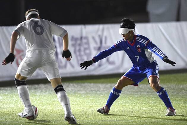 (L-R) Martin Baron (FRA), Ryo Kawamura (JPN), NOVEMBER 19, 2014 - Football 5-a-side Soccer : IBSA Blind Football World Championships 2014 Group A match between Japan 1-1 France at National Yoyogi Stadium Futsal Court, Tokyo, Japan. Japan qualified for the next round in second place as a result of this draw. Noxthirdxpartyxsales.  (dlra001876)