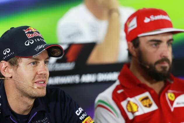 - ABU DHABI, UNITED ARAB EMIRATES: German Sebastian Vettel of Infiniti Red Bull Racing and Spanish Fernando Alonso of Scuderia Ferrari pictured during a press conference, part of preparations ahead of the 2014 Abu Dhabi Grand Prix Formula One race, at the Yas Marina Circuit in Abu Dhabi, United Arab Emirates . GEORGESxDExCOSTER  xpremiumd 38694x