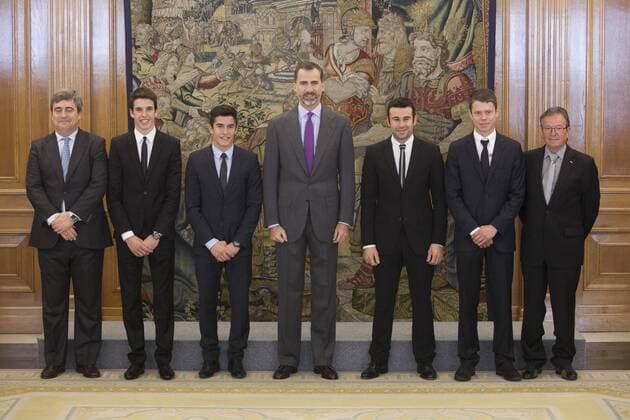 King Felipe VI of Spain receives moto riders Alex Marquez, Marc Marquez, Toni Bou, Esteve Rabat during Royal Audience at Zarzuela Palace in Madrid, Spain. November 20, 2014.  (20152285)