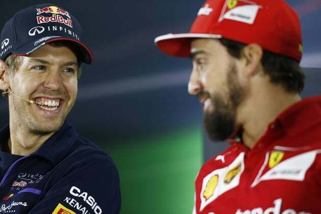 Motorsports: FIA Formula One World Championship 2014, Grand Prix of Abu Dhabi, 1 Sebastian Vettel (GER, Infiniti Red Bull Racing), 14 Fernando Alonso (ESP, Scuderia Ferrari), xHOCHxZWEIx