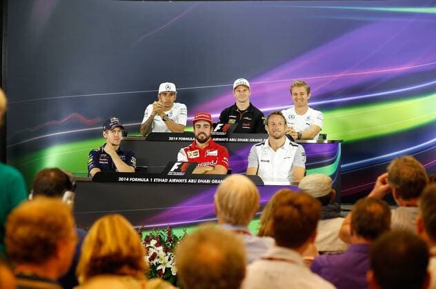 2nd row; Lewis Hamilton (GBR) Mercedes AMG Petronas Formula One Team, Nico Hülkenberg (GER) Sahara Force India F1 Team, Nico Rosberg (GER) Mercedes AMG Petronas Formula One Team, 1st row; Sebastian Vettel (GER) Infiniti Red Bull Racing, Fernando Alonso (ESP) Scuderia Ferrari, Jenson Button (GBR) McLaren Mercedes , Formula 1 Grand Prix AbuDhabi 2014 Formula 1 Abu Dhabi