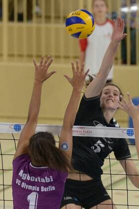 23.11.2014, xtkx, Volleyball 1.Bundesliga Damen, VC Wiesbaden - VCO Berlin, v.l. Vanessa Agbortabi (VCO Berlin), Karine Muijlwijk (VC Wiesbaden),
