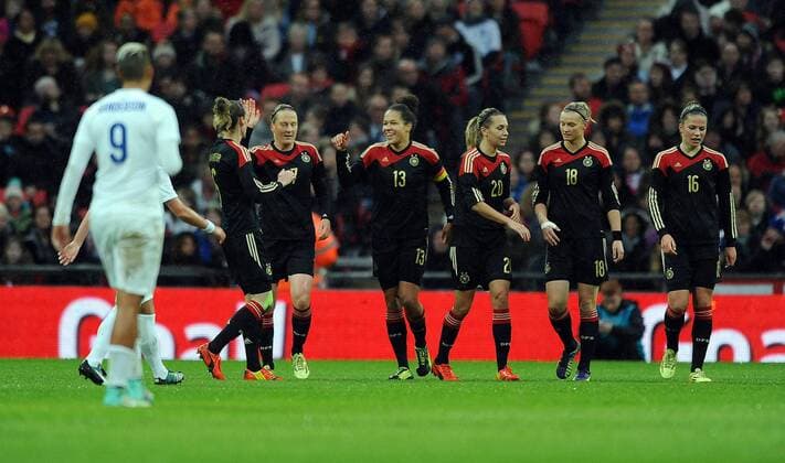 Celia Sasic of Germany Women celebrates scoring 2nd goal - Womens International Football - England vs Germany - Wembley Stadium - London, England - 23rdNovember 2014 - Picture Robin Parker Sportimage EDITORIAL USE ONLY. No use with unauthorised audio, video, data, fixture lists, club league logos or live services. Online in-match use limited to 120 images, no video emulation. No use in betting, games or single club league player publications.