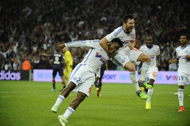Joie but Batshuayi (OM) - Gignac (OM) FOOTBALL : Marseille vs Bordeaux - Ligue 1 - 23 11 2014 FranckPennant Panoramic 