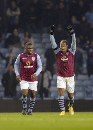 Gabriel Agbonlahor of Aston Villa celebrates his goal with Chvrles Nzogbia - Football - Barclays Premier League - Aston Villa vs Southampton - Villa Park Birmingham - Season 2014 2015 - 24th November 2015 - Photo Malcolm Couzens Sportimage EDITORIAL USE ONLY. No use with unauthorised audio, video, data, fixture lists, club league logos or live services. Online in-match use limited to 120 images, no video emulation. No use in betting, games or single club league player publications.