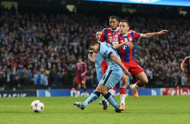 Sergio Kun Aguero of Manchester Cityscores the third goal - UEFA Champions League group E - Manchester City vs Bayern Munich - Etihad Stadium - Manchester - England - 25rd November 2014 - Picture Simon Bellis Sportimage EDITORIAL USE ONLY. No use with unauthorised audio, video, data, fixture lists, club league logos or live services. Online in-match use limited to 120 images, no video emulation. No use in betting, games or single club league player publications.