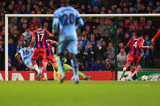 Sergio Kun Aguero of Manchester City scores his sides third goal - Manchester City vs. Bayern Munich - UEFA Champion s League - Etihad Stadium - Manchester - 25 11 2014 Pic Philip Oldham Sportimage EDITORIAL USE ONLY. No use with unauthorised audio, video, data, fixture lists, club league logos or live services. Online in-match use limited to 120 images, no video emulation. No use in betting, games or single club league player publications.