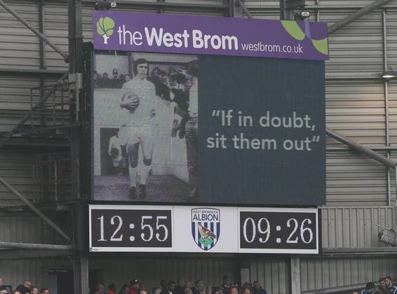 West Brom s scoreboard shows a picture of Jeff Astle - Barclays Premier League - West Bromwich Albion - The Hawthorns - England - 29th November 2014 - EDITORIAL USE ONLY. No use with unauthorised audio, video, data, fixture lists, club league logos or live services. Online in-match use limited to 120 images, no video emulation. No use in betting, games or single club league player publications.