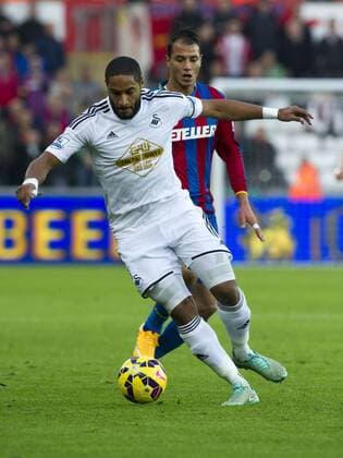 Football - 2014 2015 Premier League - Swansea City vs. Crystal Palace Ashley Williams, captain of Swansea and Marouane Chamakh of Crystal Palace at The Liberty Stadium. COLORSPORT WINSTON BYNORTH 