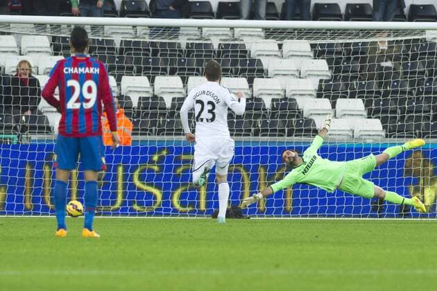 Football - 2014 2015 Premier League - Swansea City vs. Crystal Palace Wilfried Bony of Swansea scores their 1st goal past a diving Julián Speroni of Crystal Palace at The Liberty Stadium. COLORSPORT WINSTON BYNORTH 
