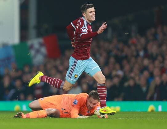 29.11.2014. London, England. Premier League. West Ham United versus Newcastle United from The Boelyn Ground. West Ham United defender Aaron Cresswell (3) opens the score for 1-0 past Newcastle keeper Elliot . xChakirxDahmanix  ActionPlus11579957
