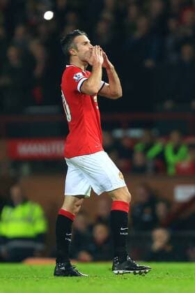 Robin van Persie of Manchester United celebrates scoring the third goal - Manchester United (ManU) vs. Hull City - Barclay s Premier League - Old Trafford - Manchester - 29 11 2014 - EDITORIAL USE ONLY. No use with unauthorised audio, video, data, fixture lists, club league logos or live services. Online in-match use limited to 120 images, no video emulation. No use in betting, games or single club league player publications.