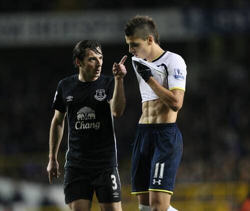 Aktuell Fußball, England, Tottenham Hotspur - FC Everton Everton s Leighton Baines has words with Tottenham s Erik Lamela after a late tackle Barclays Premier League- Tottenham Hotspur vs Everton - White Hart Lane - England - 30th November 2014 - Picture David Klein Sportimage EDITORIAL USE ONLY. No use with unauthorised audio, video, data, fixture lists, club league logos or live services. Online in-match use limited to 120 images, no video emulation. No use in betting, games or single club league player publications.