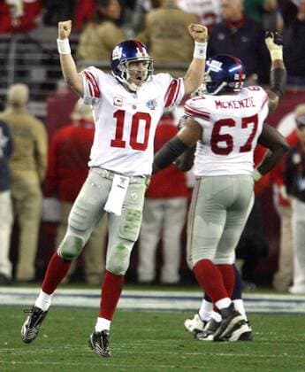 Feb. 3, 2008 - The New York Giants Eli Manning celebrates throwing the game-winning touchdown pass against the New England Patriots in a 17-14 victory in Super Bowl XLII at University of Phoenix Stadium in Glendale, Arizona, on Sunday, February 3, 2008. (Gary W. Green MCT) News Archive - Feb. 3, 2008 - ZUMAm67_